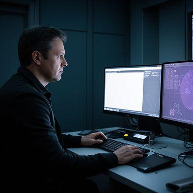 Ballistics specialist analysing trajectory data and map overlays on a secure workstation