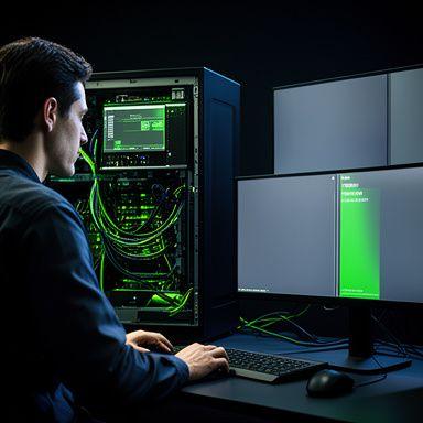 Cybersecurity specialist monitoring data protection tools beside encrypted GIS systems
